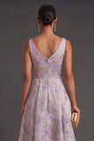 Floral Jacquard Dusty Lilac Thick Straps Midi Wedding Guest Dress