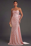 Mermaid Corset Blush Long Wedding Guest Dress with Bow