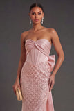 Mermaid Corset Blush Long Wedding Guest Dress with Bow