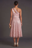 Blush One Shoulder A Line Midi Wedding Guest Dress