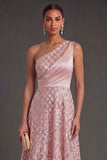 Blush One Shoulder A Line Midi Wedding Guest Dress