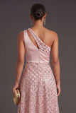 Blush One Shoulder A Line Midi Wedding Guest Dress