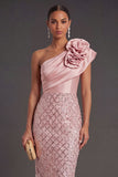 Blush Sheath One Shoulder Midi Wedding Guest Dress