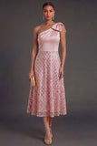 One Shoulder A Line Blush Midi Wedding Guest Dress with Bow