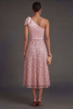 One Shoulder A Line Blush Midi Wedding Guest Dress with Bow