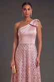 One Shoulder A Line Blush Midi Wedding Guest Dress with Bow