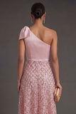 One Shoulder A Line Blush Midi Wedding Guest Dress with Bow