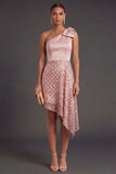 One Shoulder A Line Blush Short Summer Wedding Guest Dress with Bow