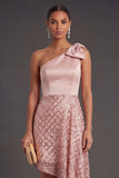 One Shoulder A Line Blush Short Summer Wedding Guest Dress with Bow