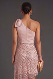 One Shoulder A Line Blush Short Summer Wedding Guest Dress with Bow