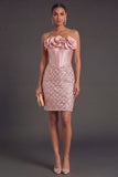 Blush Bodycon Corset Midi Wedding Guest Dress with 3D Flower