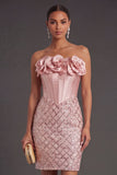 Blush Bodycon Corset Midi Wedding Guest Dress with 3D Flower