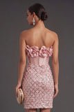 Blush Bodycon Corset Midi Wedding Guest Dress with 3D Flower