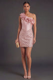 One Shoulder Blush Bodycon Corset Midi Wedding Guest Dress
