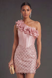 One Shoulder Blush Bodycon Corset Midi Wedding Guest Dress