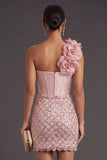 One Shoulder Blush Bodycon Corset Midi Wedding Guest Dress