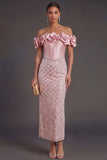 Off the Shoulder Corset Sheath Blush Long Wedding Guest Dress with Slit