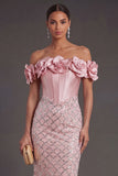 Off the Shoulder Corset Sheath Blush Long Wedding Guest Dress with Slit