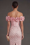 Off the Shoulder Corset Sheath Blush Long Wedding Guest Dress with Slit