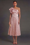 One Shoulder Blush Corset Midi Wedding Guest Dress with Bow