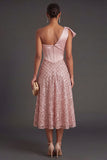 One Shoulder Blush Corset Midi Wedding Guest Dress with Bow