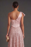 One Shoulder Blush Corset Midi Wedding Guest Dress with Bow