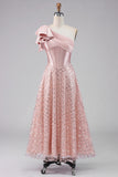 One Shoulder Blush Corset Midi Wedding Guest Dress with Bow