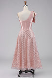 One Shoulder Blush Corset Midi Wedding Guest Dress with Bow