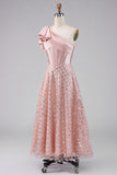 One Shoulder Blush Corset Midi Wedding Guest Dress with Bow