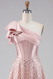 One Shoulder Blush Corset Midi Wedding Guest Dress with Bow