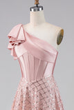 One Shoulder Blush Corset Midi Wedding Guest Dress with Bow