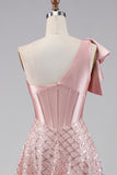 One Shoulder Blush Corset Midi Wedding Guest Dress with Bow