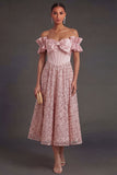 Blush A Line Off the Shoulder Midi Wedding Guest Dress with Bow