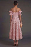 Blush A Line Off the Shoulder Midi Wedding Guest Dress with Bow