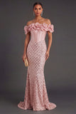 Blush Mermaid Corset Long Wedding Guest Dress with 3D Flower