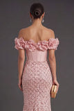 Blush Mermaid Corset Long Wedding Guest Dress with 3D Flower