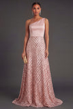 A Line One Shoulder Blush Long Wedding Guest Dress