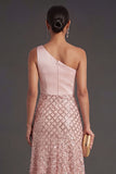 A Line One Shoulder Blush Long Wedding Guest Dress