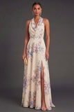 Apricot Floral A Line Long Wedding Guest Dress with Slit