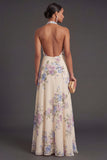 Apricot Floral A Line Long Wedding Guest Dress with Slit