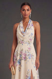 Apricot Floral A Line Long Wedding Guest Dress with Slit