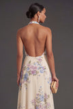 Apricot Floral A Line Long Wedding Guest Dress with Slit