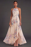 Apricot Ruffled Floral A Line Long Wedding Guest Dress with Slit