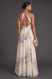 Apricot Ruffled Floral A Line Long Wedding Guest Dress with Slit