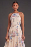 Apricot Ruffled Floral A Line Long Wedding Guest Dress with Slit