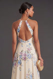 Apricot Ruffled Floral A Line Long Wedding Guest Dress with Slit