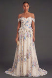 Off the Shoulder Apricot Ruffled Floral Long Wedding Guest Dress
