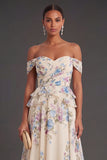 Off the Shoulder Apricot Ruffled Floral Long Wedding Guest Dress