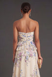 Off the Shoulder Apricot Ruffled Floral Long Wedding Guest Dress