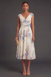 V Neck Apricot Ruffled Floral Midi Wedding Guest Dress